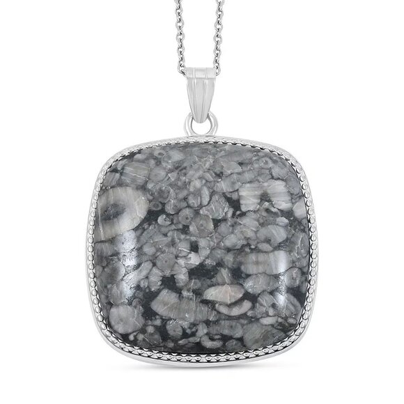 Square Genuine Fossil Jasper Gemstone Pendant in Silvertone with Stainless Steel - Picture 1 of 4
